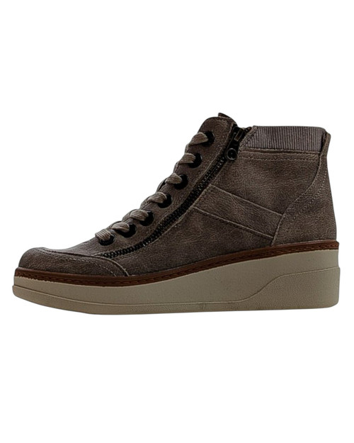Inner side view of Blowfish Josephine sneaker boot in mushroom featuring side zipper, padded collar, and wedge-style platform base. Inner side view of Blowfish Josephine sneaker boot in mushroom featuring side zipper, padded collar, and wedge-style platform base.