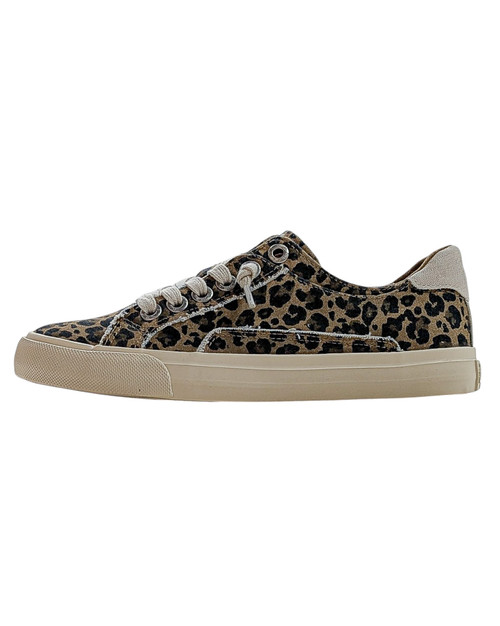 Right-side profile of leopard canvas sneaker featuring distressed seams and beige rubber sole.