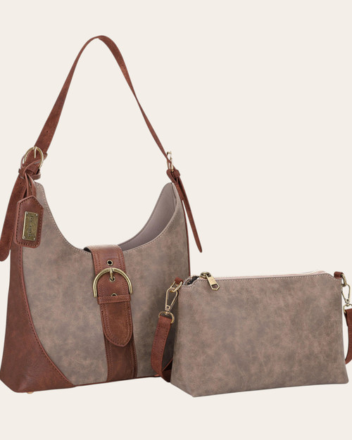 Two-tone coffee brown 2-in-1 crossbody and hobo bag set by Liz Soto, featuring vegan leather, antique brass buckle, and adjustable straps.