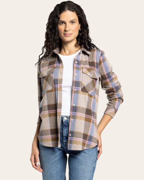 Front view of Thread & Supply Cassian Shirt in sand and brown plaid with front chest pockets and button-up closure.