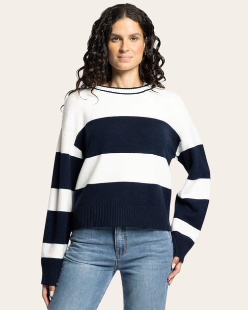 Front view of the Thread & Supply Tabitha Sweater in navy and white colorblock stripes, featuring a classic crewneck and relaxed silhouette.