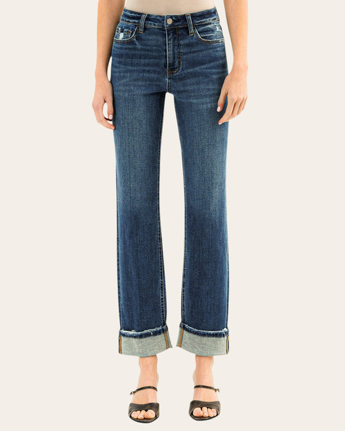 Front view of medium wash women’s high rise straight jeans with rolled cuffs