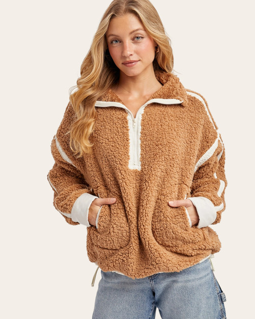 Cozy Love A Latte fleece pullover for women with half zip and cream accents