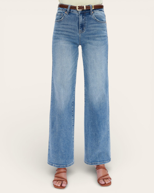 Front view of the Bayeas Mid Rise Wide Leg Jeans featuring a comfortable waistband and medium wash.