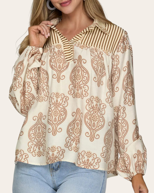 Front view of the Cassidy Printed Blouse in taupe featuring a paisley print and striped yoke detail, available at Trendy Threads.