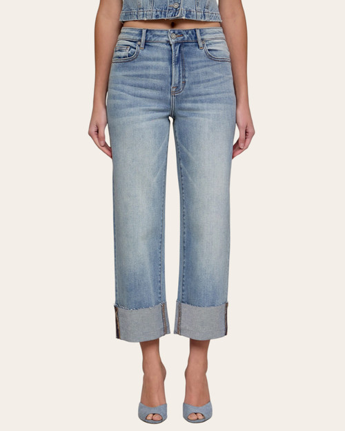 Front full-length view of Hidden Ella high rise cropped jeans featuring a light wash and 4-inch permanent cuff.