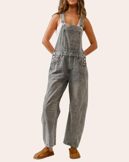 Front full-length view of the Grey Washed Barrel Overalls, a stylish 100% cotton piece for women's boutique fashion.