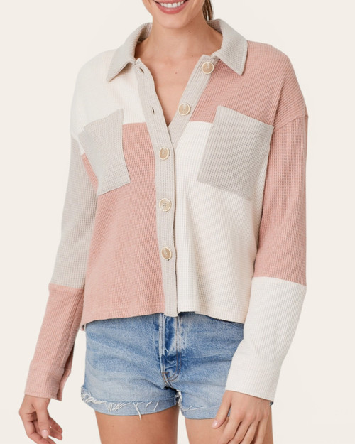 Front view of the Clara Color Block Shacket in rose, ivory, and grey waffle knit fabric.