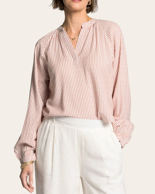 Front view of the split v-neck Thread & Supply Bethany Top in Rose Ivory styled for a breezy South Dakota spring.