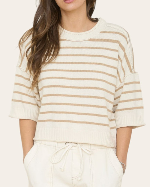 Front view of the Casey Striped Spring Sweater featuring a cream and tan stripe pattern, styled at our Roscoe, SD boutique.