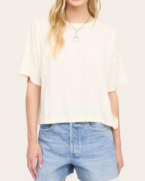 Front view of the cream Peyton Ribbed Top with a crew neckline and short sleeves.
