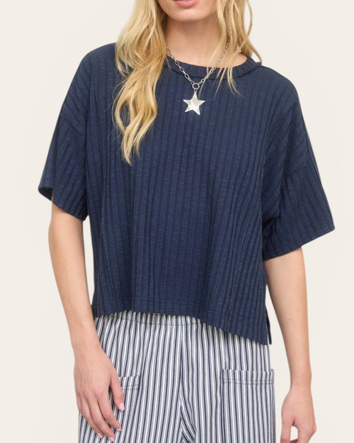 Front view of the navy blue Peyton ribbed short sleeve top with a relaxed fit.