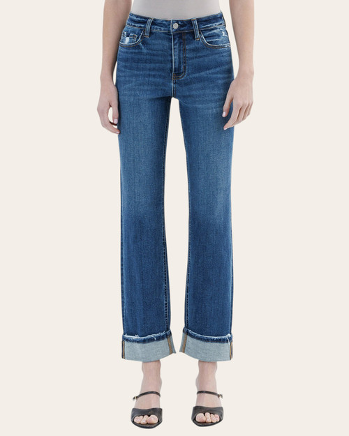 Front view of Flying Monkey high rise cuffed straight jeans on model at our Roscoe SD boutique.