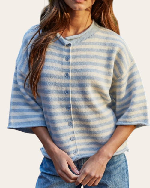 Georgi women's blue and white horizontal striped button-front sweater with short wide sleeves.