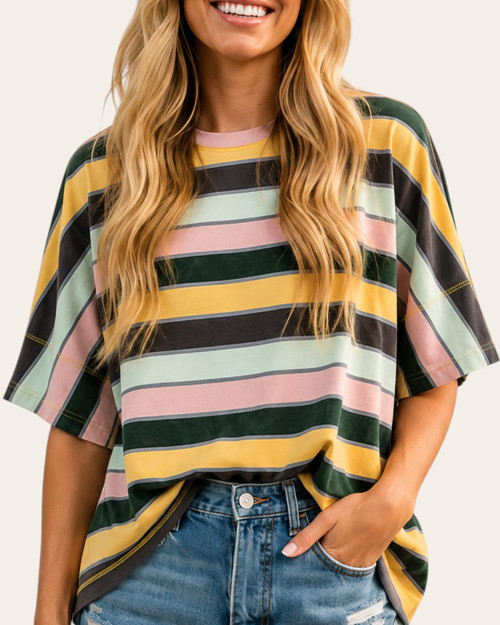 Front view of the Stripes All Day multi-colored striped knit top tucked into denim shorts.