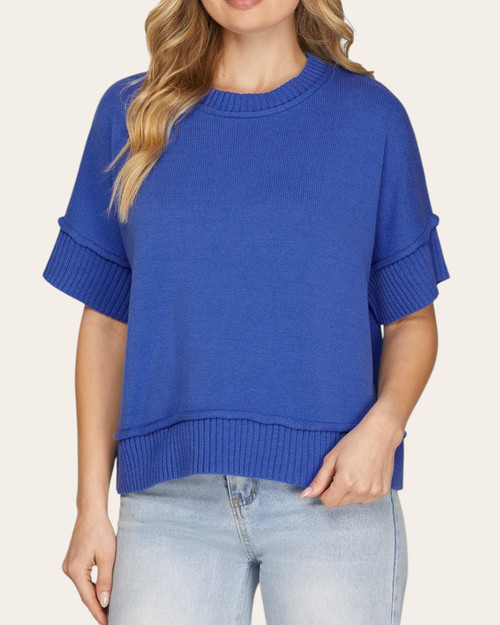 Front view of the bright cobalt blue Sasha short sleeve sweater featuring layered ribbed trim and a classic crew neckline.