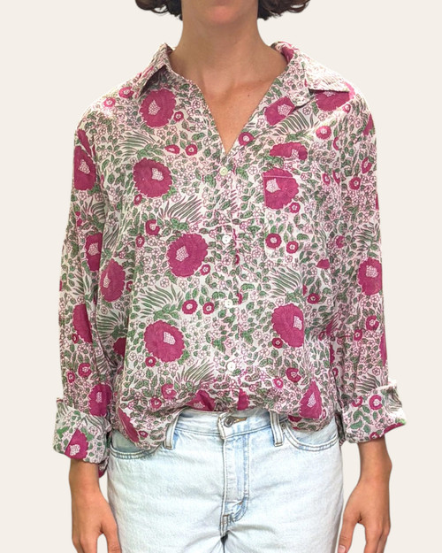 Front view of the lightweight floral Pali Button Down Top in Capri Pink, perfect for hot South Dakota mid-summer days.