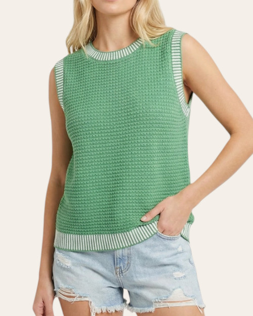 Front view of the true-to-size green waffle texture sleeveless sweater with white striped trim, perfect for hot South Dakota summers.
