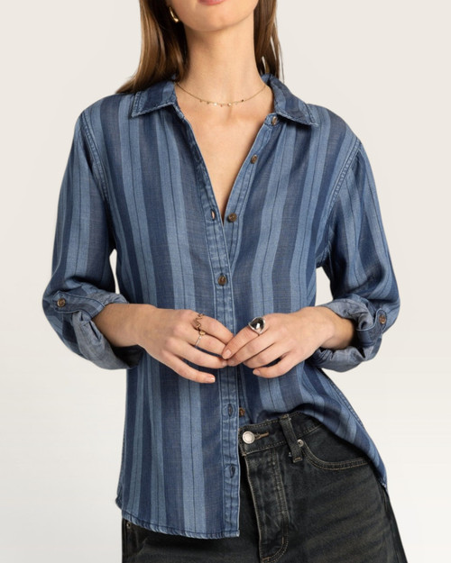 Front view of the lightweight Tencel Thread and Supply Anna striped shirt worn casually unbuttoned.