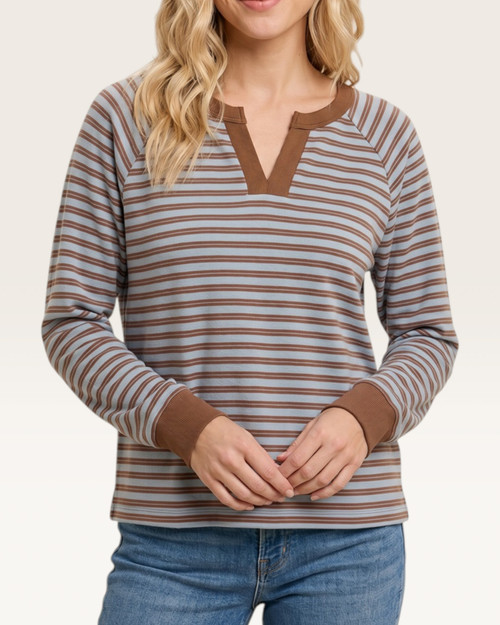 Front view of the Kansas split neck top featuring a notched v-neckline and dusty blue and camel stripes.