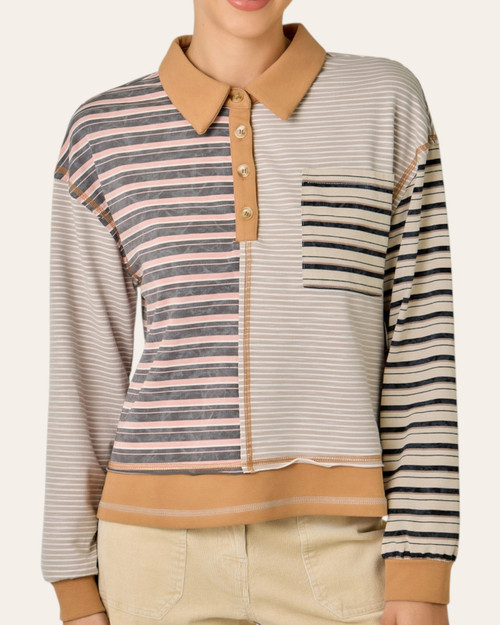 Front view of the camel and dusty pink Ladylike Striped Polo Top with functional buttons