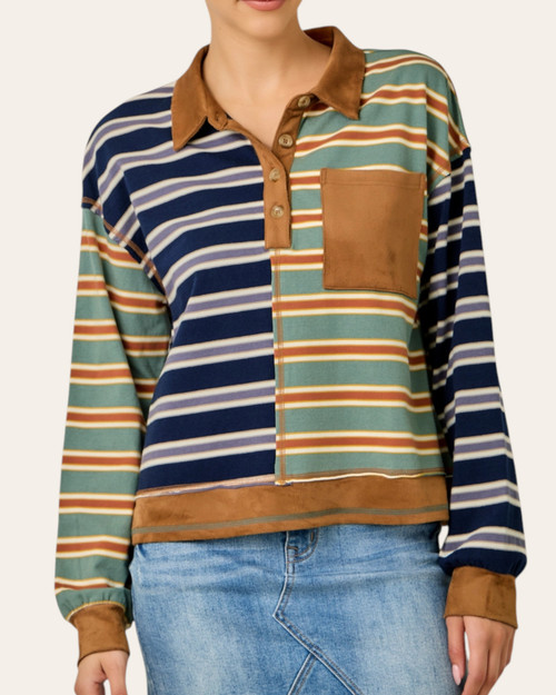 Front view of the Ladylike Striped Polo Top featuring a camel suede collar, functional buttons, and a slight relaxed fit.