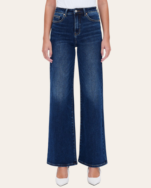 Front view of the dressy dark wash Bayeas high rise wide leg jeans for women.