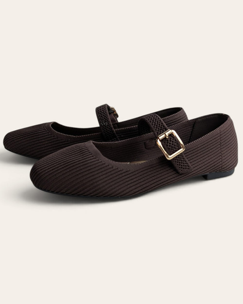 Pair of chocolate brown Mia Mary Jane flats made of breathable stretch-knit material
