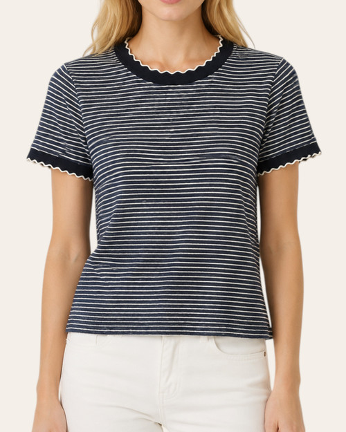 Front view of dark charcoal and ivory striped short sleeve Nicole Scalloped Trim Top.