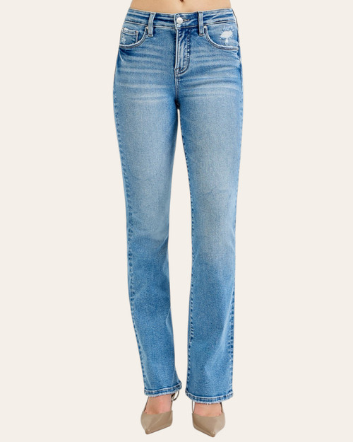 Front view of the medium wash Risen Tummy Control Straight Jeans featuring a 10 inch rise