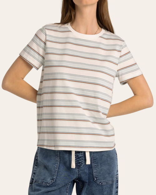 Front view of the relaxed fit Thread and Supply Asher Tee with a classic crew neckline and fall transitional stripes.