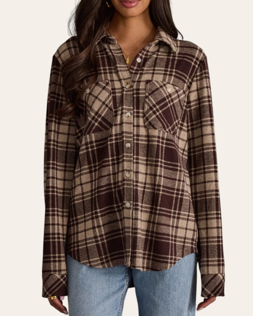 Front view of the relaxed fit Kasey Plaid Button Up in chocolate and tan.