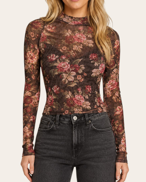 Front view of a chic mock-neck sheer floral mesh top in brown and burgundy, layered over a black bralette for a trendy boutique look.