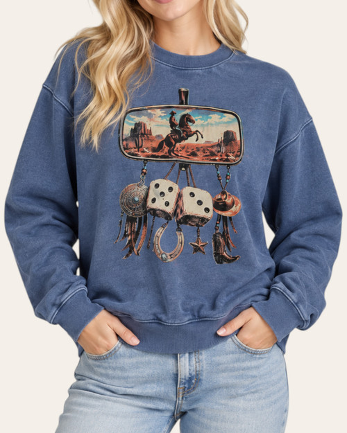 Front view of the Washed Denim Blue Vintage Cowboy Graphic Sweatshirt featuring a cowboy and dice graphic