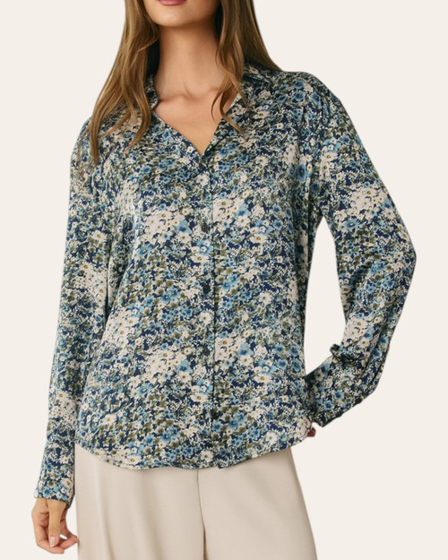 Front view of the Floral Satin Button Down Blouse featuring a button front closure and classic fold-down collar.