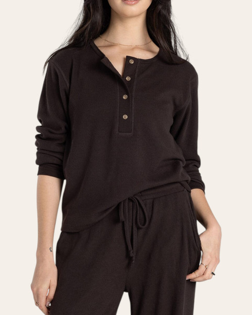 Front view of the lightly ribbed Thread & Supply Tana Top in espresso brown.