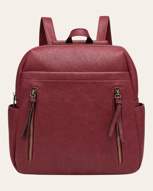 Front view of the Alora Convertible Backpack - Wine, showing long zipper pulls, side pockets and a top carry handle.
