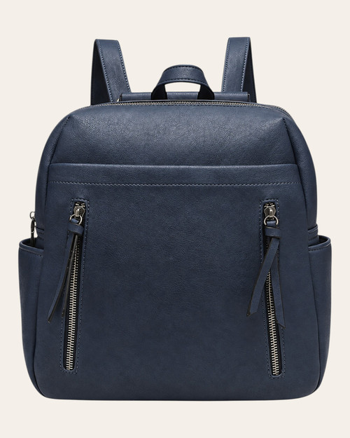 Front view of the Alora Convertible Backpack - Navy with twin vertical zip pockets, long zipper pulls and side pockets.