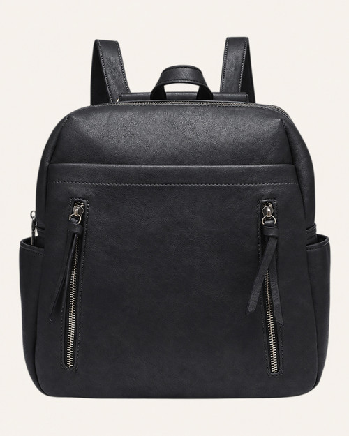 Alora Convertible Backpack - Black viewed from the front, with two long zipper pulls, side pockets and a top carry handle.