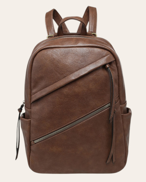 Front view of the chocolate brown Gemma Convertible Backpack showing diagonal zip accent pockets and side pockets.   