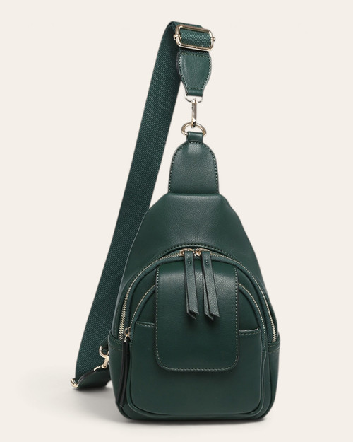 Forest green Sophia Sling Bag featuring a wide adjustable strap and front zippered pockets.