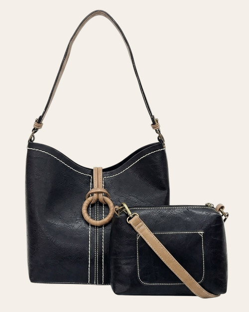 Liz Soto Alexa Hobo in black vegan leather with removable crossbody bag and contrasting stitching