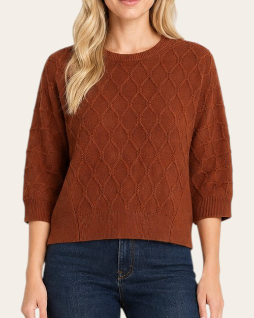 Front view of a woman wearing the rust-colored Democracy 3/4 sleeve grid stitch sweater with a crew neckline.
