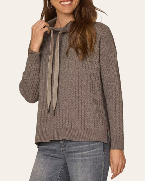 Model wearing the Democracy Cowl Neck Sweater - Grey, front view with velvet drawstrings and contrasting cable-knit textures.