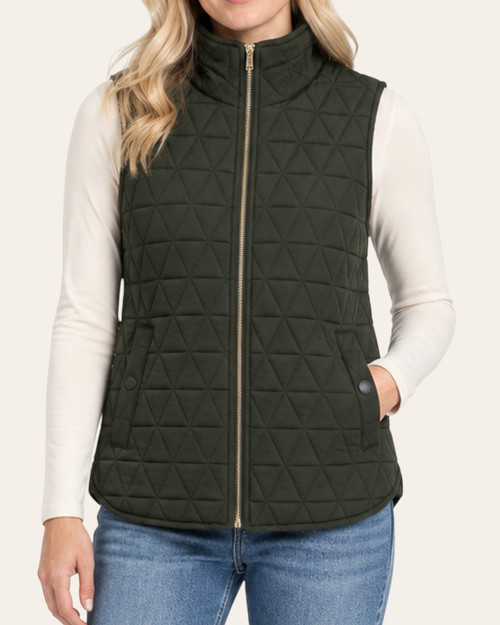 Front view of a model in the Dark Olive Quilted Zip Up Vest, with a full zipper, stand collar and front pockets.