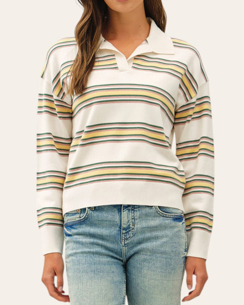 Front view of the Nadine Striped Polo Sweater in ivory with yellow, pink and green stripes, a collared V-neckline and banded hem.