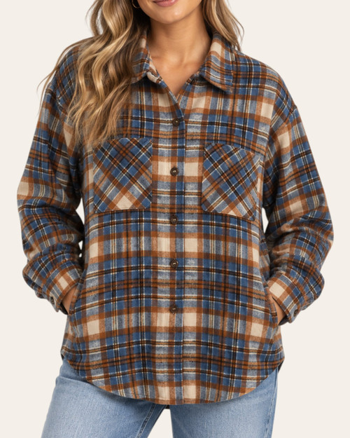 Front view of the Sharon Button Down Shacket - Blue/Camel with button closure, pointed collar, plaid chest pockets and side pockets.