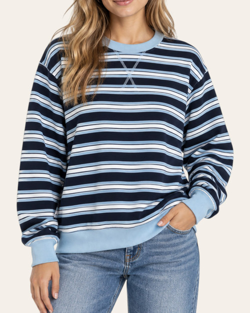 Front view of Luca Striped French Terry Sweatshirt on a model, featuring navy, white and light blue stripes, a crew neckline and banded hem.