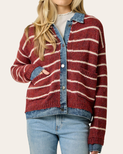 Denim Hem Sweater Jacket - Chili Red modeled from the front, showing white stripes, denim trim, metal buttons and front patch pockets.