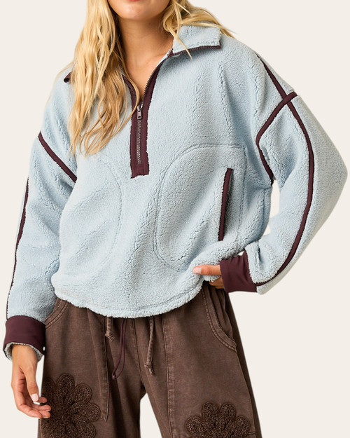 Front view of Half Zip Fleece Pullover - Sky Blue/Brown with a half zip collar, patch pockets and contrast binding.